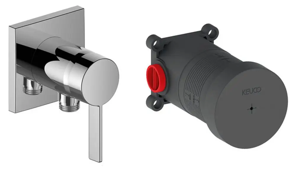 Verchromter Wandmischer von Keuco mit einem Hebel zur Steuerung der Wasserzufuhr und montierbarem Unterteil für einen Schlauchanschluss.